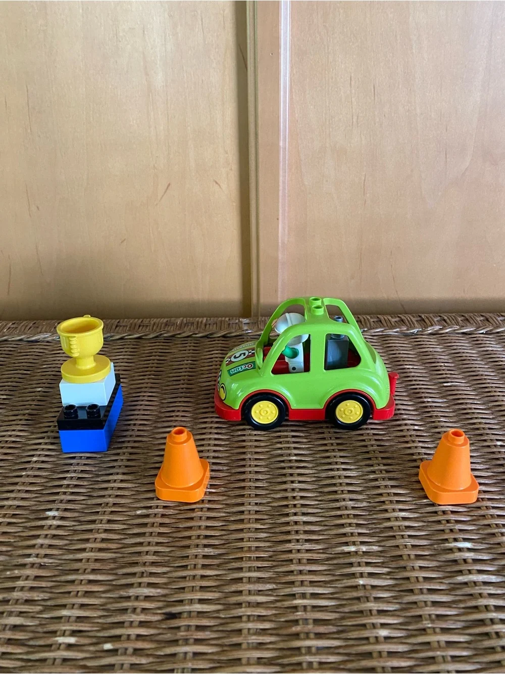 LEGO Duplo Green Octan Race Car #5 Driver Trophy Traffic Cones Gas Can Lot
